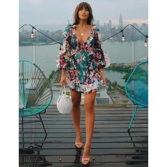 NWT. ZIMMERMANN Allia Ruffled Floral-print Linen Mini Dress AU0 / US4